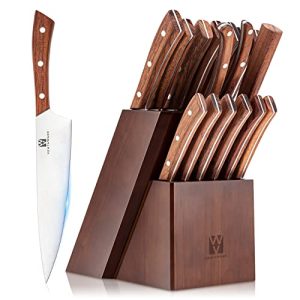 Vestaware Knife Set, 16-Piece Chef Knife Set with Knife Sharpener, Stainless Steel Kitchen Knives Set with Wooden Block, 6 Steak Knives and Bonus Scissors
