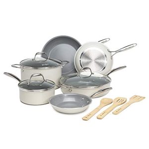 Goodful 12 Piece Cookware Set with Titanium-Reinforced Premium Non-Stick Coating, Dishwasher Safe Pots and Pans, Tempered Glass Steam Vented Lids, Stainless Steel Handles, Cream