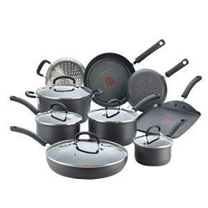 T-fal E765SEFA Ultimate Hard Anodized Nonstick 14 Piece Cookware Set, Dishwasher Safe Pots and Pans Set, Black