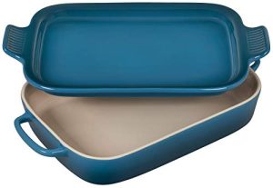 Le Creuset Heritage Casserole Stoneware Rectangular Dish with Platter Lid, 14 3/4 inch x 9 inch x 2 1/2 inch, Deep Teal, 2.75 qt