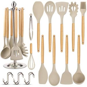 Silicone Kitchen Cooking Utensil Set, EAGMAK 16PCS Kitchen Utensils Spatula Set with Stainless Steel Stand for Nonstick Cookware, Non-Toxic Cooking Utensils, Kitchen Tools Gift (Light Brown)