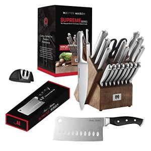 Master Maison Stainless Steel Kitchen Knife Set With Wood Knife Block & Bonus Cleaver | German Stainless Steel Knives With Knife Sharpener & 8 Steak Knives | Butcher Block Knife Sets For Kitchen