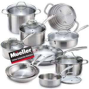 Mueller Pots and Pans Set 17-Piece, Ultra-Clad Pro Stainless Steel Cookware Set, Ergonomic and EverCool Stainless Steel Handle, Includes Saucepans, Skillets, Dutch Oven, Stockpot, Steamer and More
