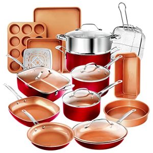 Gotham Steel Cookware + Bakeware Set with Nonstick Durable Ceramic Copper Coating – Includes Skillets, Stock Pots, Deep Square Fry Basket, Cookie Sheet and Baking Pans, 20 Piece, Red