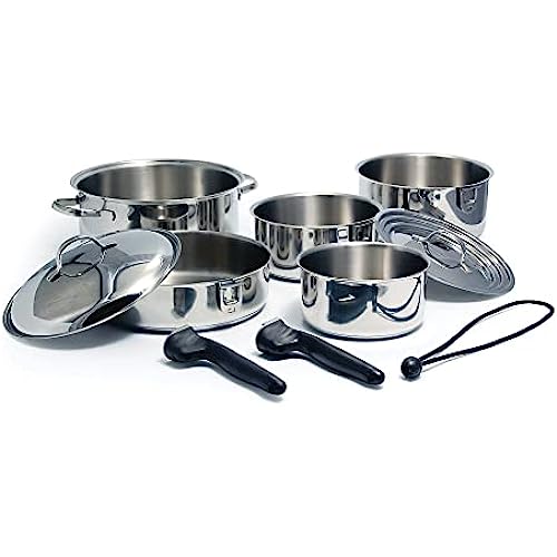 Camco Nesting Cookware Set | Made from Stainless Steel | Dishwasher Safe | Saves Valuable Space | 10-Piece Set (43921)