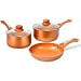 FGY 5 Pieces Copper Pots Pans Set Nonstick Cookware Set with Induction Bottom, 8 inch Frying Pan, 1 Quart & 2 Quart Sauce Pan with Glass Lid - Dishwasher Safe(Copper)