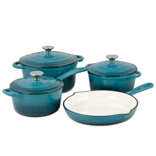 Basque Enameled Cast Iron Cookware Set, 7-Piece Set (Biscay Blue), ...