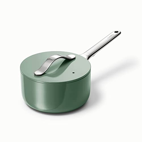 Caraway Nonstick Ceramic Sauce Pan with Lid (1.75 qt) - Non Toxic, PTFE & PFOA Free - Oven Safe & Compatible with All Stovetops (Gas, Electric & Induction) - Sage