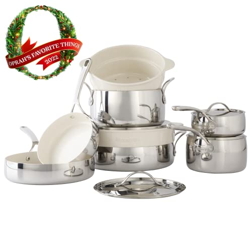 Bloomhouse - Oprah's Favorite Things - 12 Piece Triply Stainless Steel Cookware Set w/Non-Stick Non-Toxic Ceramic Interior, Ceramic Steamer Inserts, & 12 Protective Care Bags