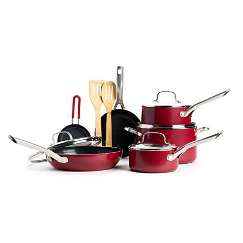 Red Volcano Textured Ceramic Nonstick, 12 Piece Cookware Pots and ...