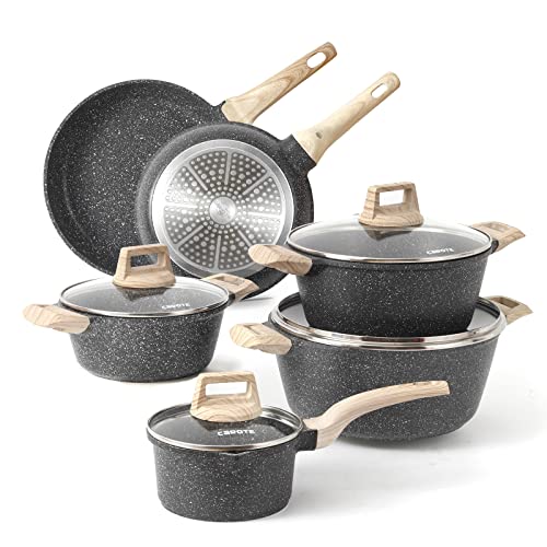 Carote Nonstick Granite Cookware Sets 10 Pcs Stone Cookware Set,non stick frying pan set , pots and pans set ( Granite, induction cookware)