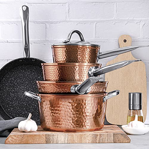 Fit Choice 8 Pieces Steel Hammered Copper Cookware Set Pots and Pans W/Non-stick Coating & Aluminum Composition Finishes, Cookware Set Copper Dishwasher Safe For All Cooktops (8 Pieces)