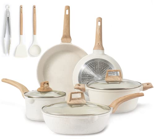 CAROTE Pots and Pans Set Nonstick, White Granite Induction Kitchen ...