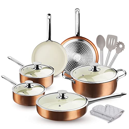 FRUITEAM 13-Piece Cookware Set Non-stick Ceramic Coating Cooking Set, Induction Pots Pans Set with Lids, Heavy Duty Stainless Steel Handles, Induction, Oven, Gas, Stovetops Compatible for Family Meals