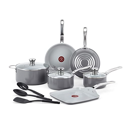 T-fal Fresh Gourmet Recycled Aluminum Ceramic Nonstick Cookware Set 12 Piece Pots and Pans, Dishwasher Safe Grey