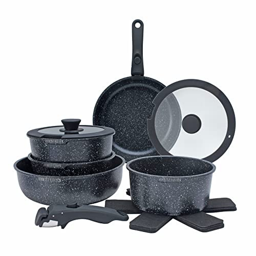 Country Kitchen 13 Piece Pots and Pans Set - Safe Nonstick Cookware Set Detachable Handle, Kitchen Cookware with Removable Handle, RV Cookware, Oven Safe (Black)