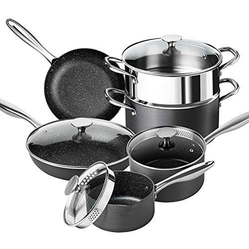 MICHELANGELO Hard Anodized Cookware Set, 10-Piece Pots and Pans Set Nonstick with Granite Interior, Non Toxic Cookware Set Induction Compatible, Nonstick Cookware Set Oven Safe