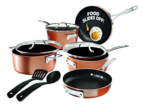 Gotham Steel Stackable Pots and Pans Stackmaster 10 Piece Cookware Set with Ultra Nonstick Cast Texture Ceramic Coating, Copper