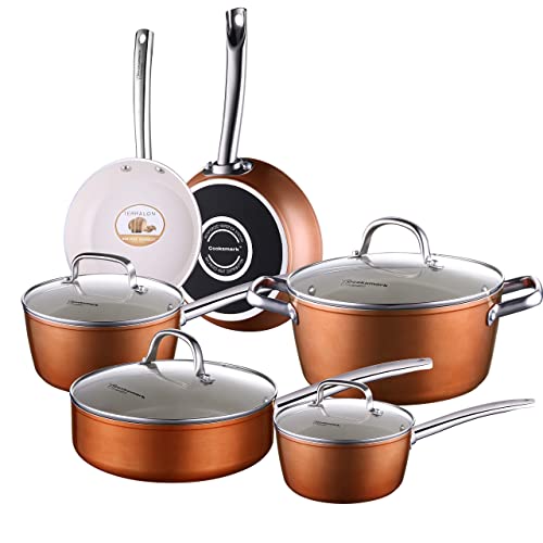 Cook Code 10-Piece Pots and Pans, White Ceramic Nonstick Copper Finish Cookware Set with Lids— Oven Suitable Dishwasher Suitable PFOA/PTFE Free