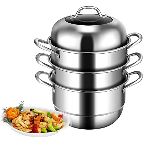 PETSITE 3-Tier Stainless Steel Steamer Pot, 11'' Multi-Layer Cooking Pot, Steam Pot w/Handles & Tempered Glass Lid, Cookware w/ 2 Steaming Septa, Work w/Gas, Electric & Grill Stove Top
