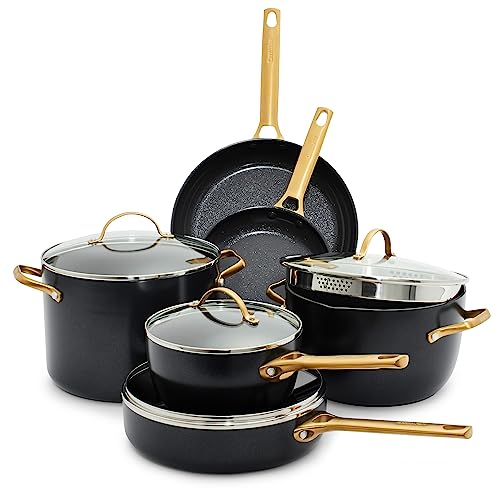 GreenPan Reserve Hard Anodized Healthy Ceramic Nonstick 10 Piece Cookware Pots and Pans Set, Gold Handle, PFAS-Free, Dishwasher Safe, Oven Safe, Black