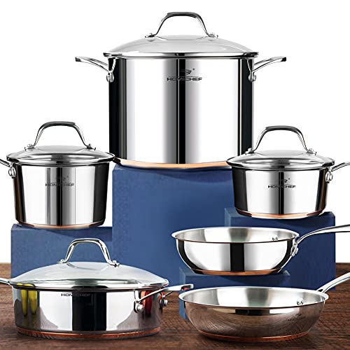 HOMICHEF 10-Piece Cookware Set - Copper Band, Nickel Free, Stainless Steel Pots and Pans Set - Healthy Non-Toxic Induction Cookware Sets
