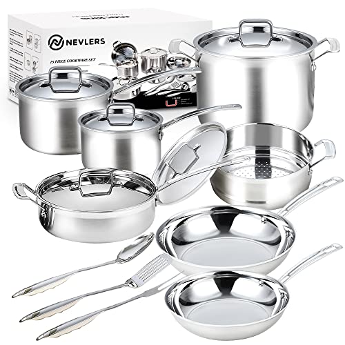 Nevlers 15 Pcs Stainless Steel Cookware Sets |Try Ply Stainless Steel Pots and Pans Set & Aluminum Core | Premium Kitchen Cookware Sets | Stainless Cookware Sets & Utensils | Stainless Steel Cookware