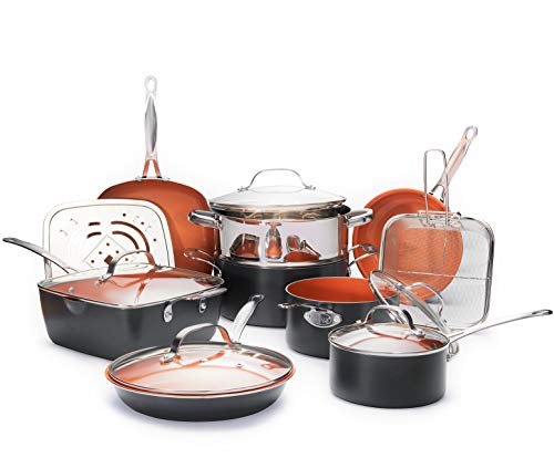 Gotham Steel Ultimate One Chef’s Kitchen Copper Coating – Includes Skillets, Stock Pots, Deep Square Pan with Fry Basket, 15 Piece Set