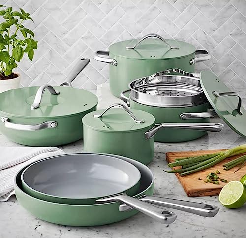 Member Mark 11 Piece Modern Ceramic Cookware Set With Smart Kitchen Tools Set (Assorted Colors) (Green)