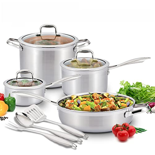 Nevlers 10 Piece Multi-Clad Tri-Ply 18/8 Stainless Steel Cookware Set - Pots and Pans Set - Makes for a Great Cooking Set for Your Kitchen - It is Dishwasher Safe Too!