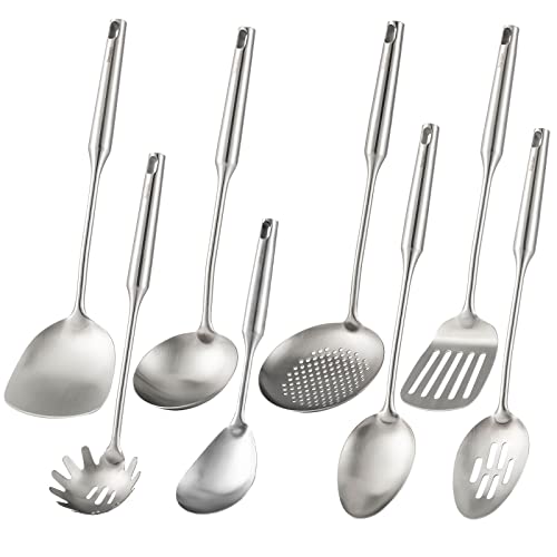 304 Stainless Steel Kitchen Utensils Set - 8 PCS All Metal Cooking Tools with Spatula, Solid Spoon, Slotted Spoon, Ladle, Skimmer Slotted Spoon, Slotted Spatula Tunner, Spaghetti Spoon, Large Spoon