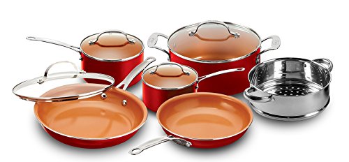 Gotham Steel 10-Piece Kitchen Set with Non-Stick Ti-Cerama Coating by Chef Daniel Green - Includes Skillets, Fry Pans, Stock Pots and Steamer Insert – Red