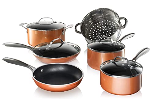 Gotham Steel Copper Cast 10 Piece Pots and Pans Set with Ultra Nonstick Diamond Surface, Includes Frying Pans, Stock Pots, Saucepans & More, Stay Cool Handles, Oven & Dishwasher Safe, 100% PFOA Free