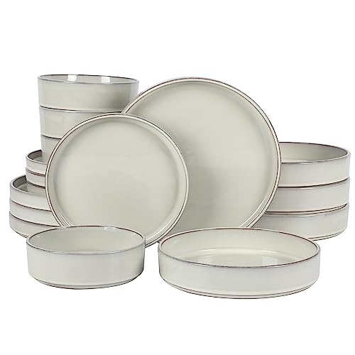 Bloomhouse - Oprah's Favorite Things - Santorini Mist Double Bowl Terracotta Reactive Glaze Plates and Bowls Dinnerware Set - Moonstone White, Service for Four (16pcs)