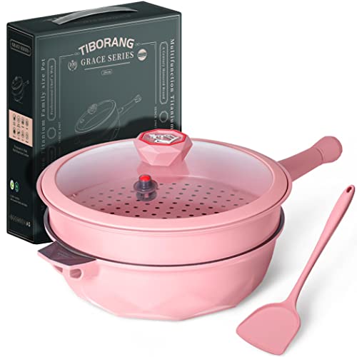 TIBORANG 7 in 1 Multipurpose 11 Inch 5 Quart Heat Indicator Nonstick Deep Frying Pan with Glass Lid, Stay-cool Handle, Steamed Grid, PFOA-Free,Dishwasher and Oven Safe,Works with All Stovetops (Pink)