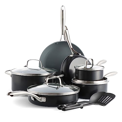 GreenPan Swift Healthy Ceramic Nonstick, 12 Piece Cookware Pots and Pans Set, Stainless Steel Handles, PFAS-Free, Dishwasher Safe, Oven Safe, Black