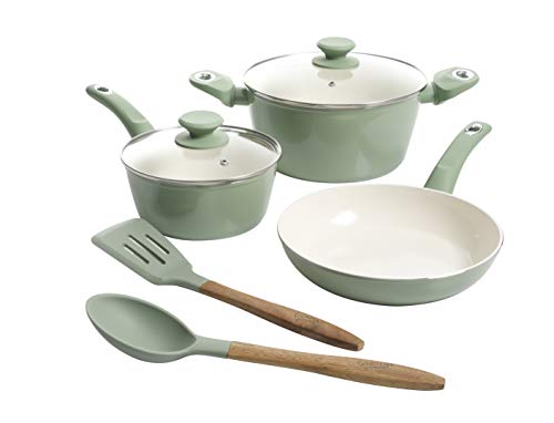 Gibson Home Plaze Café' Forged Aluminum Non-stick Ceramic Cookware with Induction Base and Soft Touch Bakelite Handle, 7-Piece Set, Mint Green