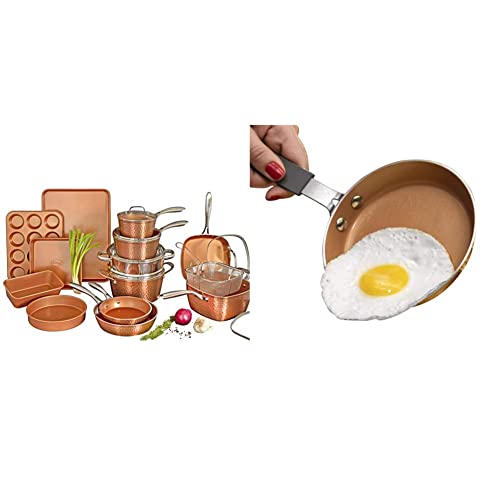 Gotham Steel Hammered Copper Collection–20 Piece Premium Cookware & Bakeware Set & Hammered Copper Collection – Mini 5.5”Egg-Pan,Premier Nonstick Aluminum Cookware with Rubber Grip Handle,up to 500° F