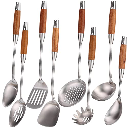 304 Stainless Steel Kitchen Utensils Set with Wood Handle, 8 PCS Metal Cooking Utensils & Serving Utensils Set - Spatula and Ladle Set, Non Stick Cooking Spoons Set, Kitchen Gadgets Cookware Set