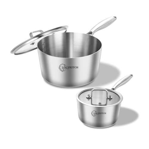 LOLYKITCH Whole Body Tri-Ply Stainless Steel Saucepan Set,1QT & 3QT,Induction Cooking Pot,Oven and Dishwasher Safe.