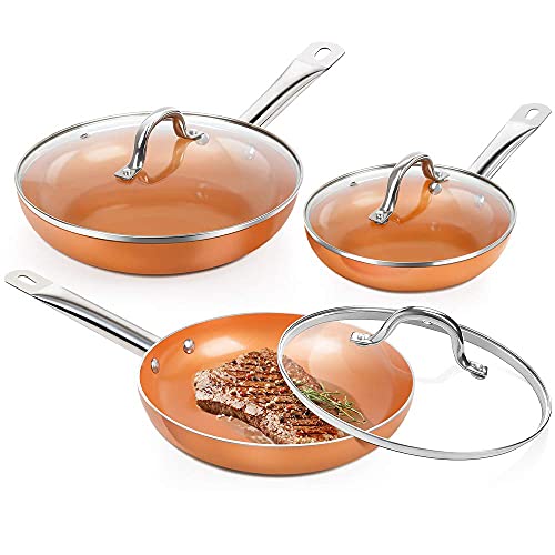 SHINEURI 6 Pieces Nonstick Copper Pans with Lid Copper Frying ...