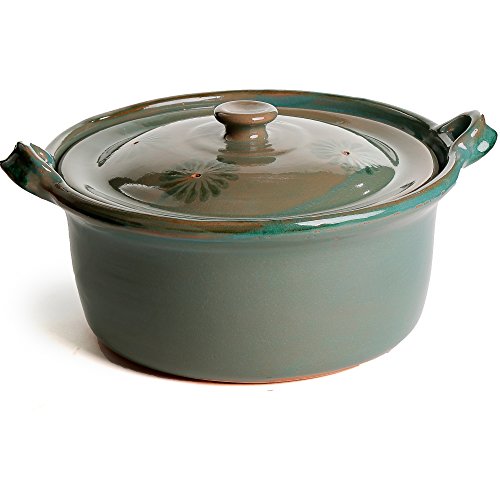 Ancient Cookware, Mexican Clay Lidded Cazuela Pot, Large, Green, 4.5 Quarts