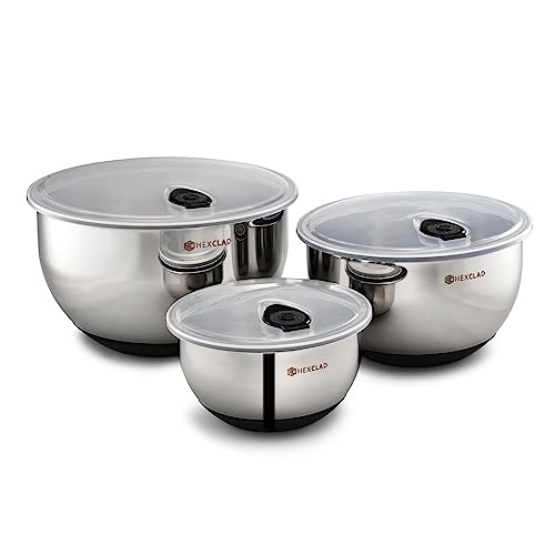 HexClad Set of Three Stainless Steel Mixing and Storage Bowls with Air Tight Vacuum Seals, Non-Slip Safety Base, Dishwasher Safe