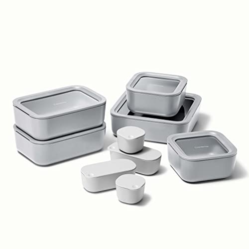 Caraway Glass Food Storage Set, 14 Pieces - Ceramic Coated Food Containers - Easy to Store, Non Toxic Lunch Box Containers with Glass Lids - Includes Storage Organizer & Dot & Dash Inserts - Gray