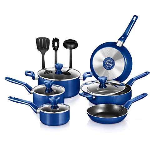 NutriChef 13 Pcs. Nonstick Kitchen Cookware PTFE/PFOA/PFOS-Free Heat Resistant Kitchenware Set w/Saucepan, Frying Pans, Cooking Pots, Casserole, Lids, & Utensils, Blue NCCWA13BU