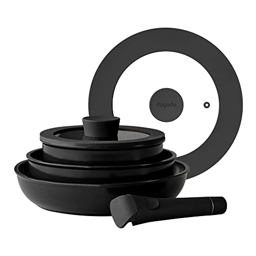 dogado Organic Cookware Set, Nonstick Ceramic 6 Piece, Stackable Pots and Pan, Detachable Removable Handle (Granite Gray)