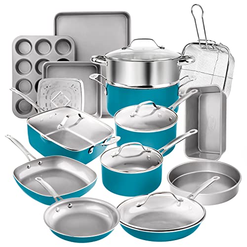 Gotham Steel 20 Piece Pots and Pans Set Nonstick Cookware Set, Kitchen Cookware Set, Ceramic Cookware Set with Ceramic Pans for Cooking Non Toxic, Dishwasher / Oven / Metal Utensil Safe – Aqua Blue