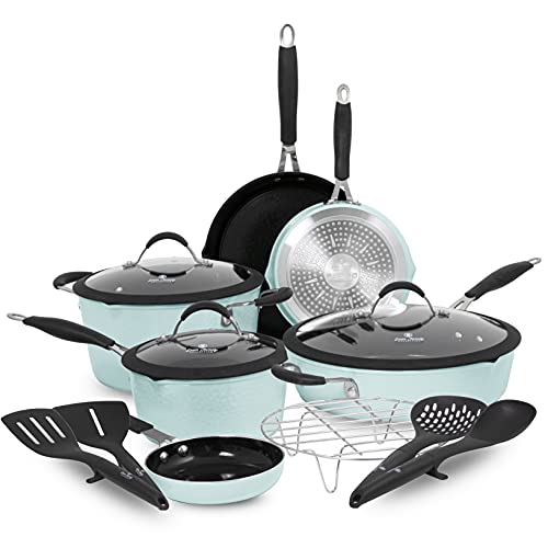 Paula Deen Family 14-Piece Ceramic, Non-Stick Cookware Set, 100% PFOA-Free and Induction Ready, Features Stay-Cool Handles, Dual Pour Spouts and Kitchen Tools (Sea Glass)