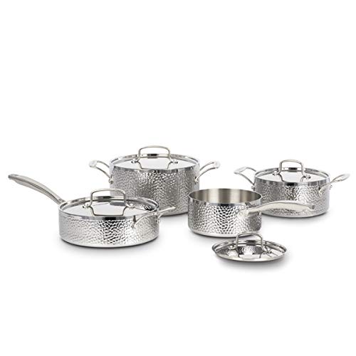 Cuisinart HTP-8SSC 8pc Vintage Hand Hammered Tri-Ply Cookware Set, Large, Silver