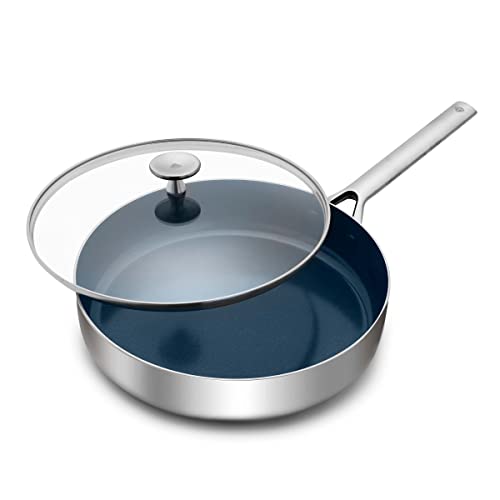 Blue Diamond Cookware Tri-Ply Stainless Steel Ceramic Nonstick, 3.75QT Saute Pan Jumbo Cooker with Lid, PFAS-Free, Multi Clad, Induction, Dishwasher Safe, Oven Safe, Silver